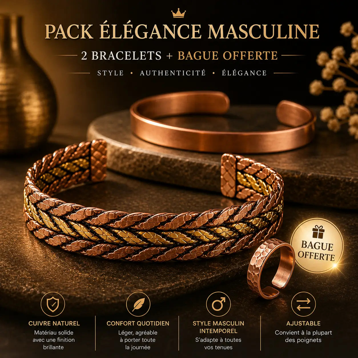 Pack Élégance Masculine – Bracelets en Cuivre Premium