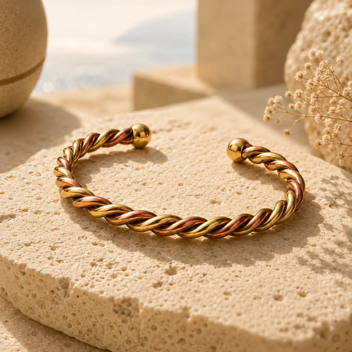 Bracelet Cuivre Rouge & Jaune Torsadé Premium