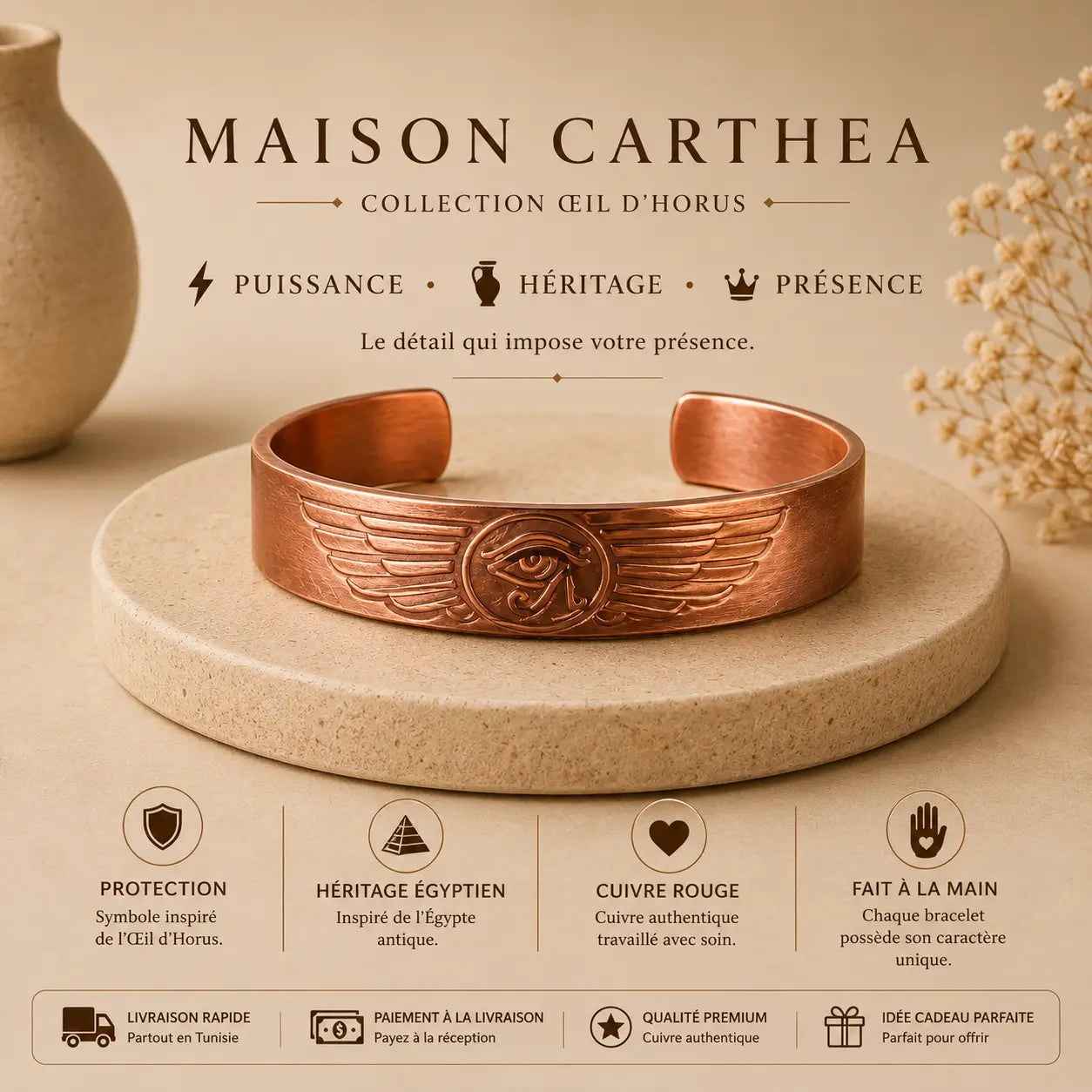 Bracelet Œil d’Horus en Cuivre Rouge – Symbole de Protection Égyptienne