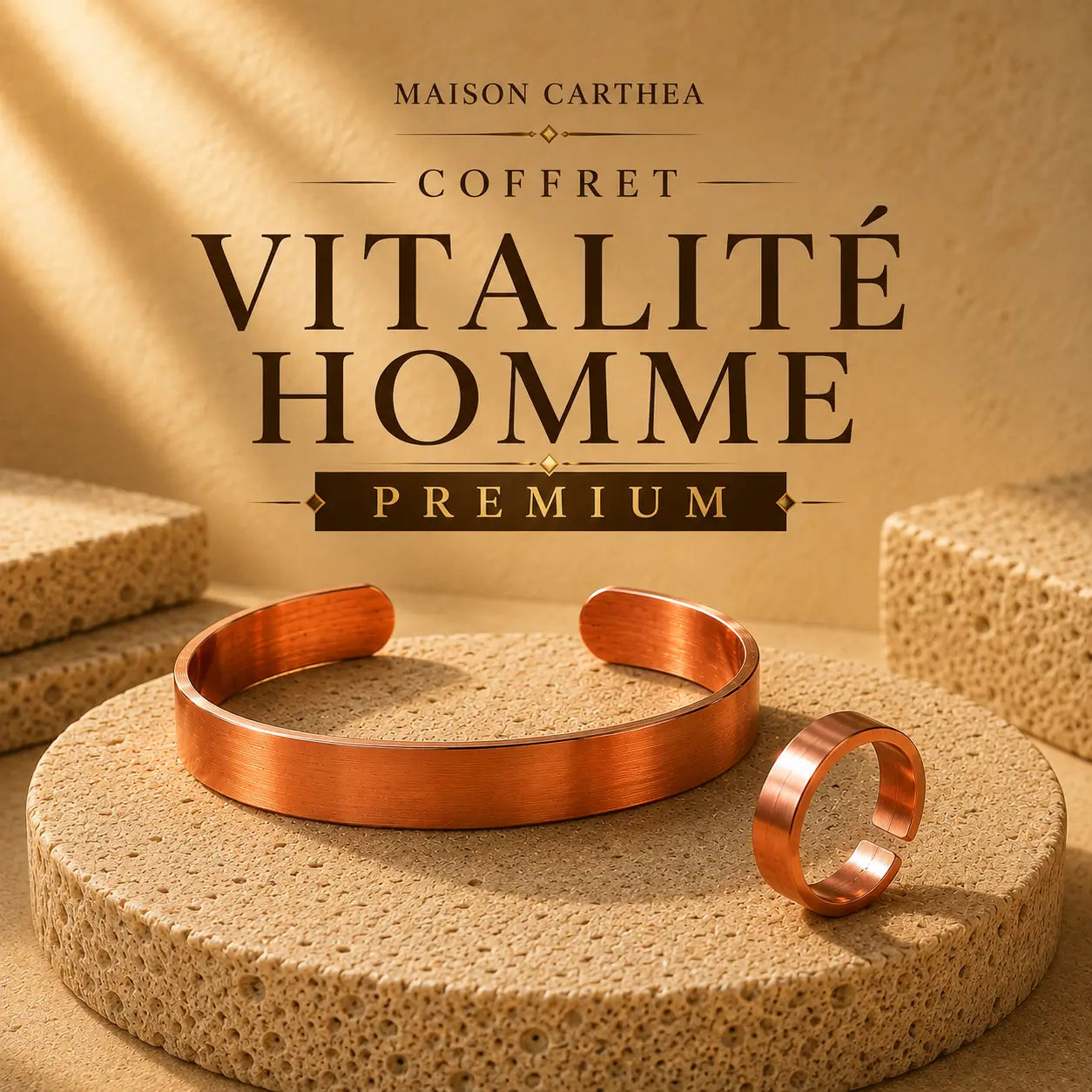Pack Vitalité Homme Premium – Bracelet & Bague en Cuivre Rouge
