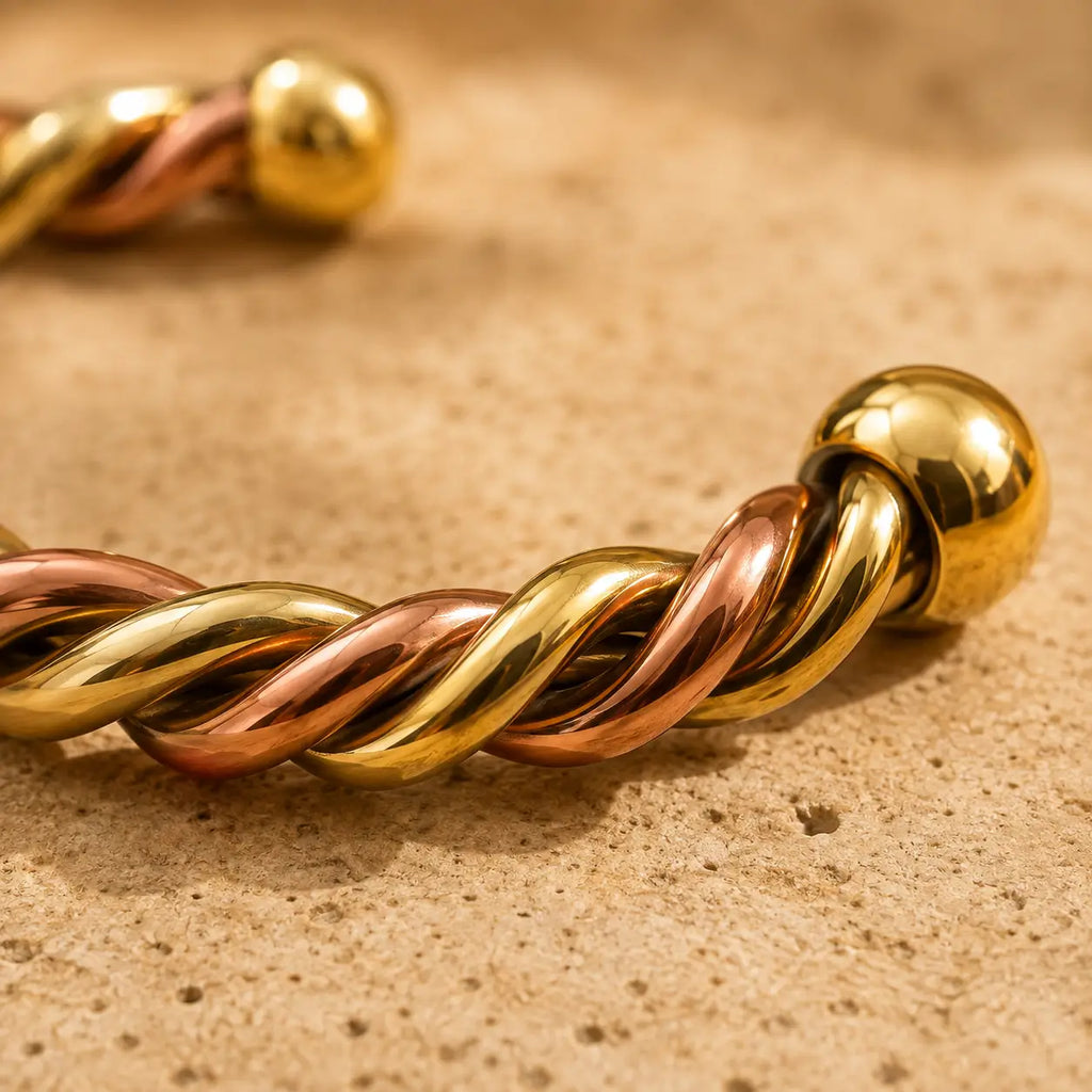 Bracelet Cuivre Rouge & Jaune Torsadé Premium