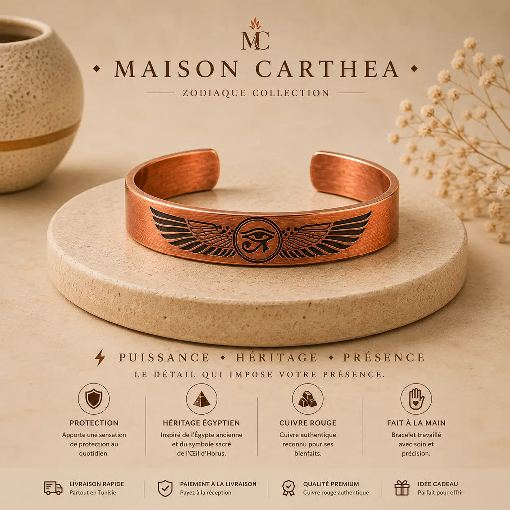 Bracelet Œil d’Horus en Cuivre Rouge – Symbole de Protection Égyptienne