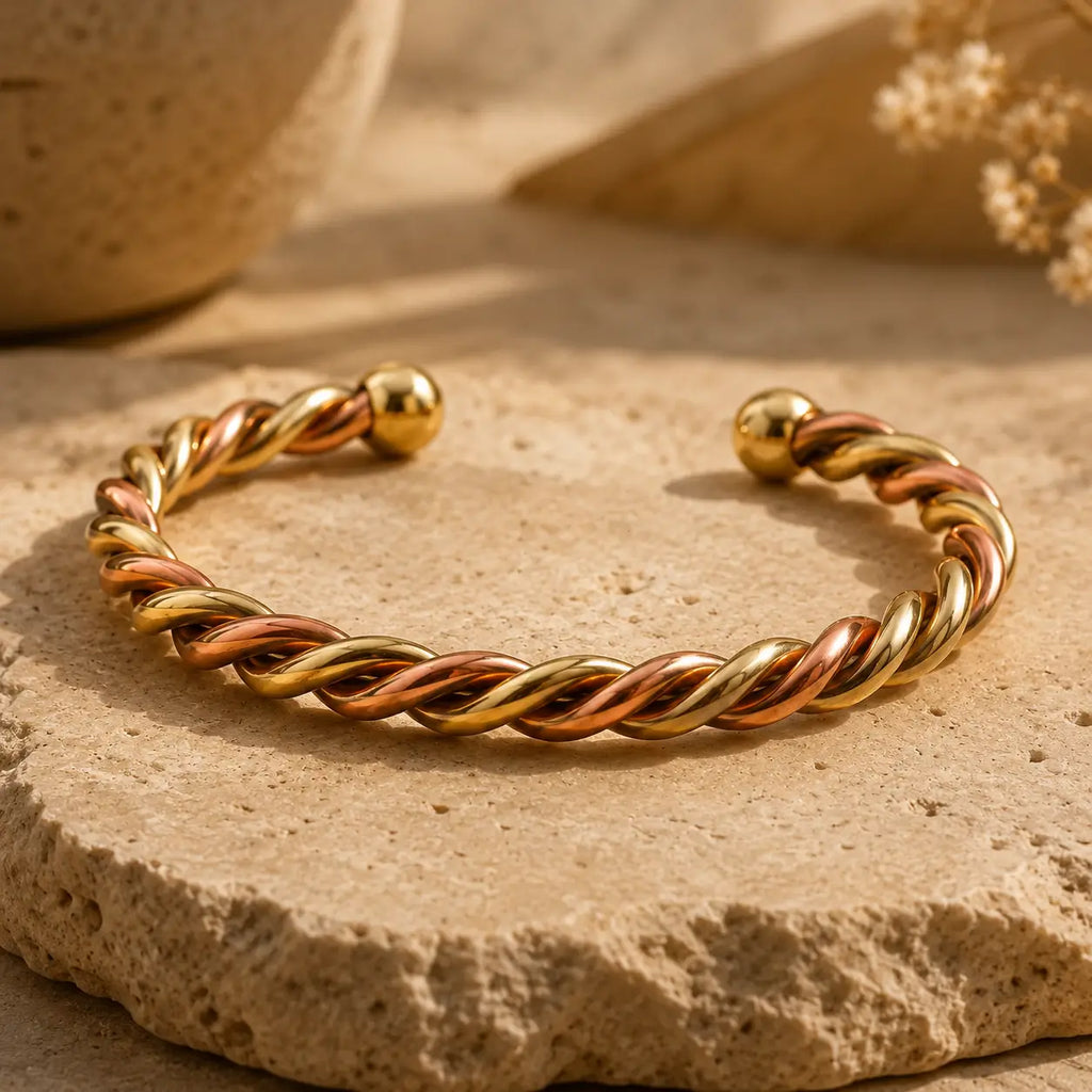 Bracelet Cuivre Rouge & Jaune Torsadé Premium