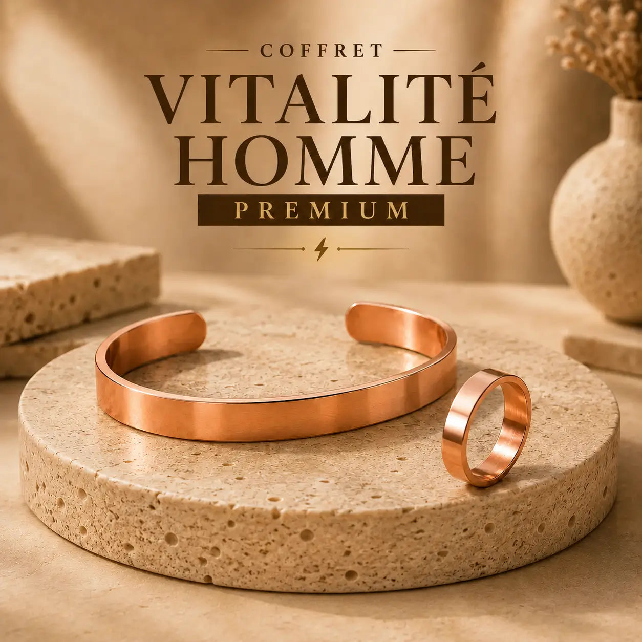Pack Vitalité Homme Premium – Bracelet & Bague en Cuivre Rouge