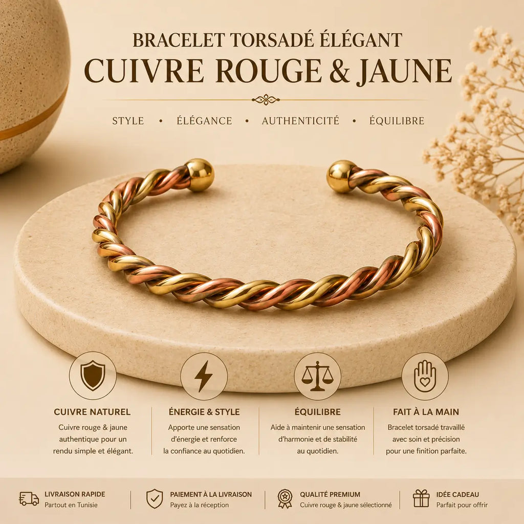 Bracelet Cuivre Rouge & Jaune Torsadé Premium