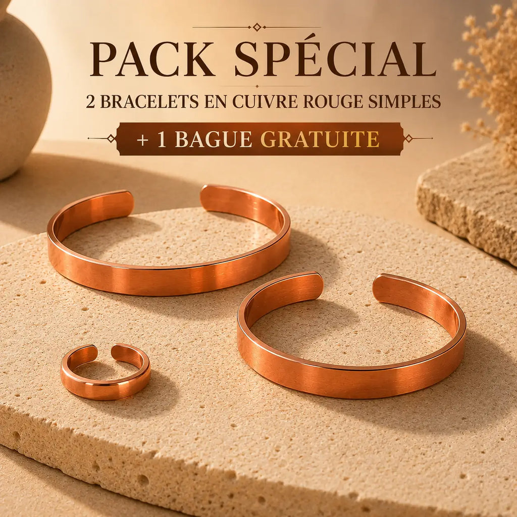 Pack Authentique — 2 Bracelets en Cuivre Rouge + Bague Offerte