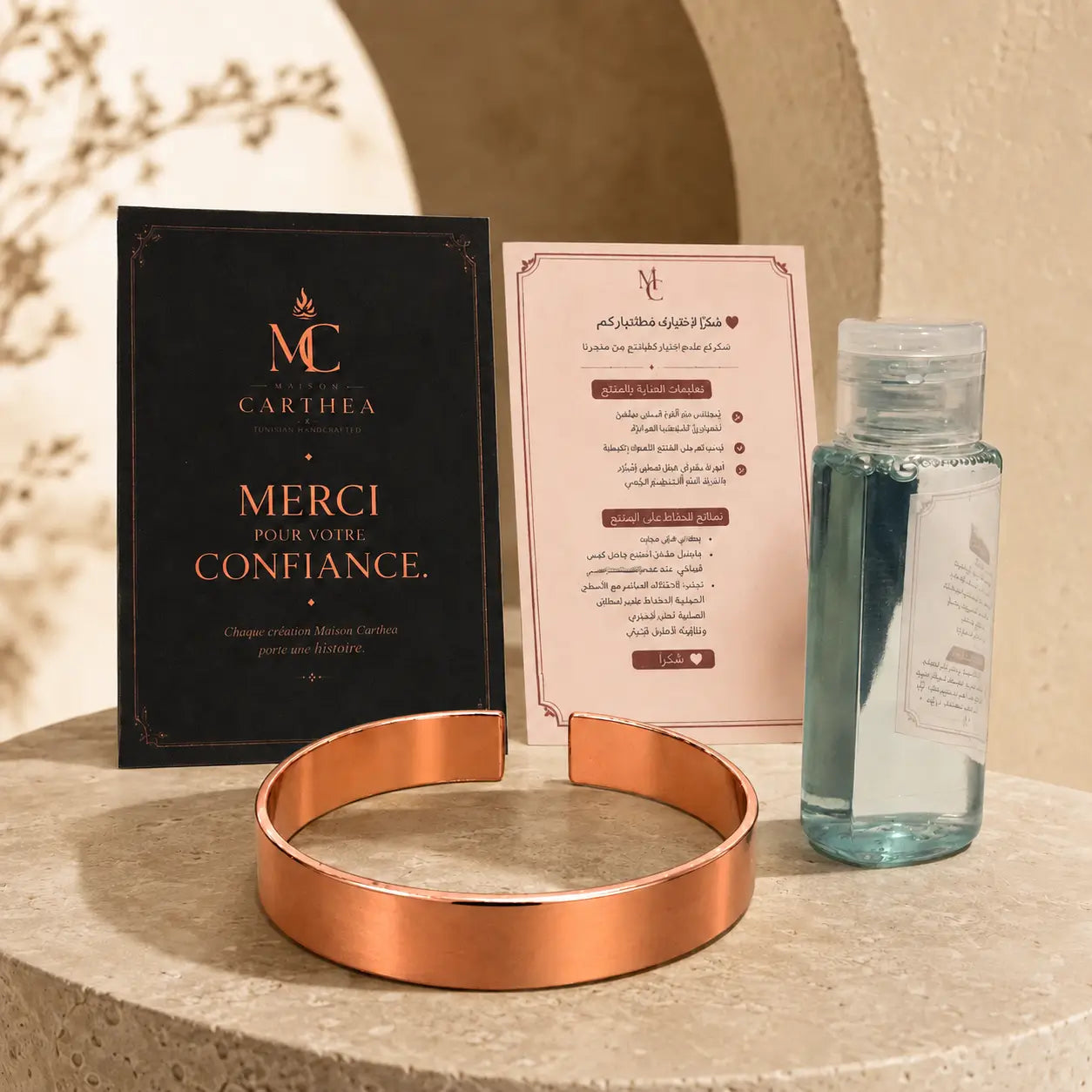Bracelet en Cuivre Rouge Authentique + Bouteille de Nettoyage Offerte