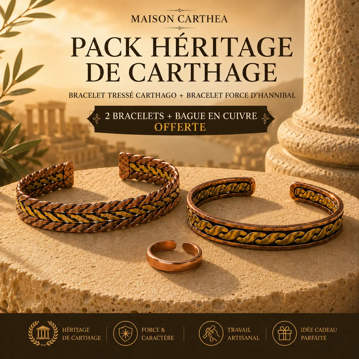 🏛️ Pack Héritage de Carthage — Bracelet Tressé Carthago + Bracelet Force d’Hannibal + Bague Offerte
