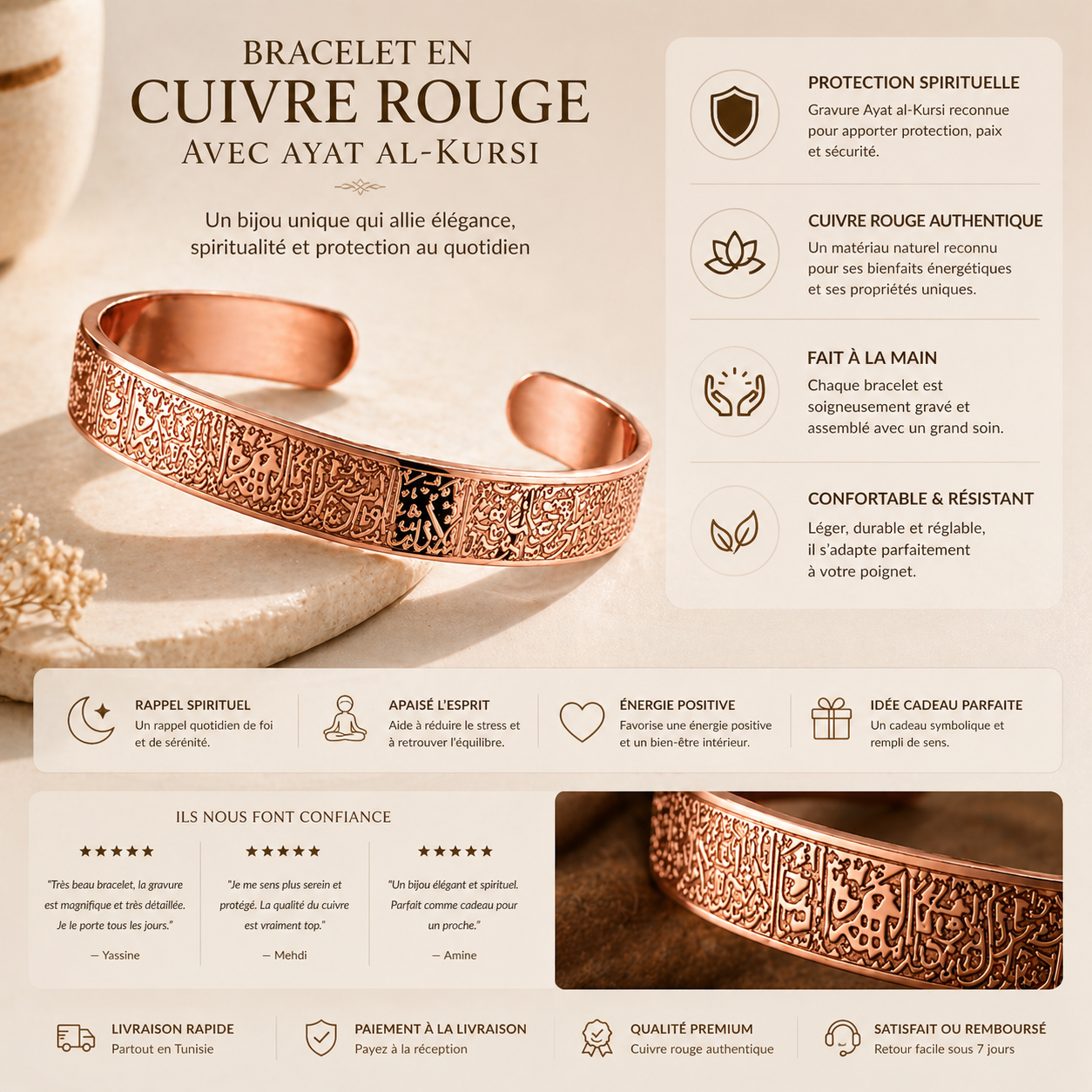 Bracelet en Cuivre Rouge avec Ayat al-Kursi