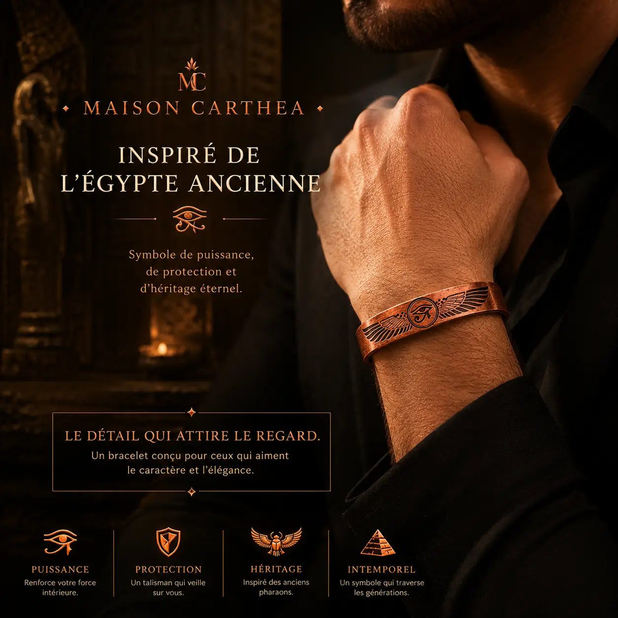 Bracelet Œil d’Horus en Cuivre Rouge – Symbole de Protection Égyptienne